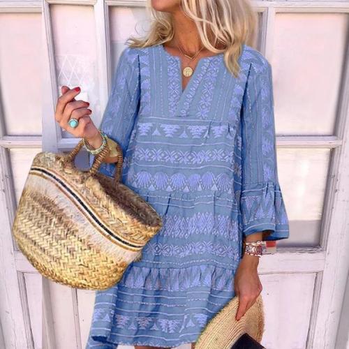 Loose Boho Three Quarters Flared Sleeve Dress