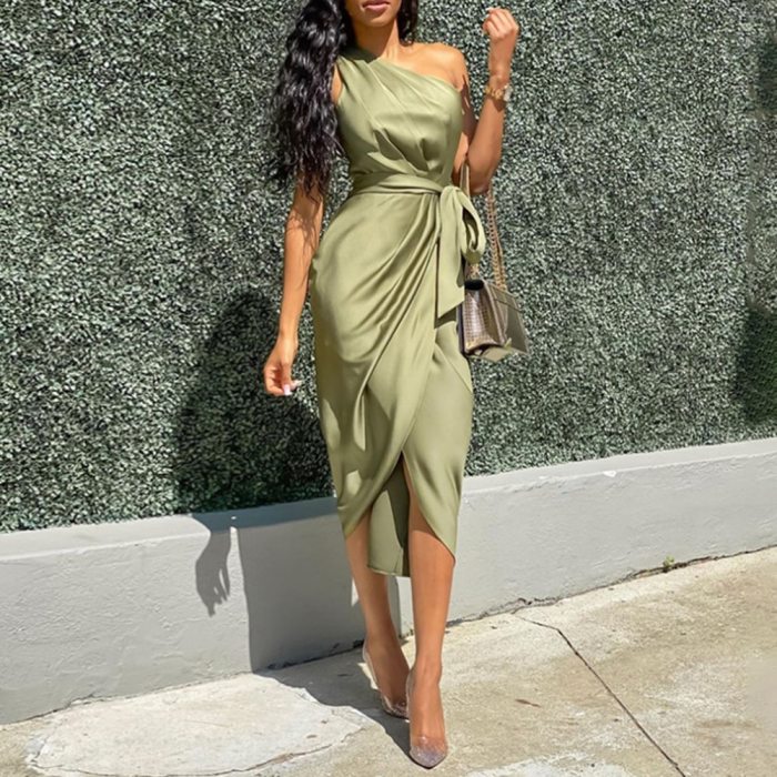 Summer Party Sleeveless Dress Women 2021 Fashion Slim Off Shoulder Ruched Asymmetrical Slit Green Midi Dresses Elegant Vestidos