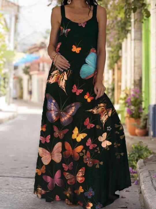 Vintage Summer Butterfly Print Dress Women Oversized Boho Clothes Beach Sleeveless Long Dress Casual S-5XL Plus Size Dresses