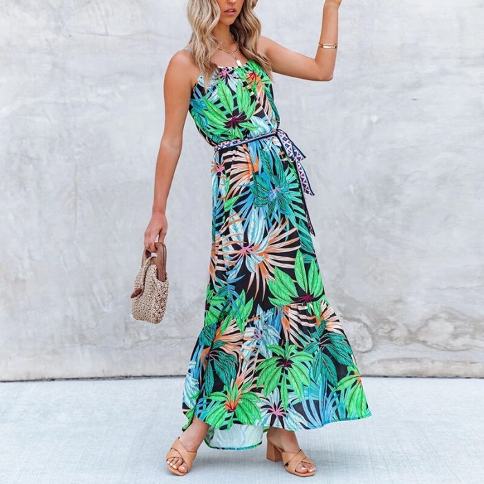 Women Long Dress Bohemian Spaghetti Strap Sleeveless Sashes Dresses Casual A Line Beach Style Female Vestidos Summer 2021 New