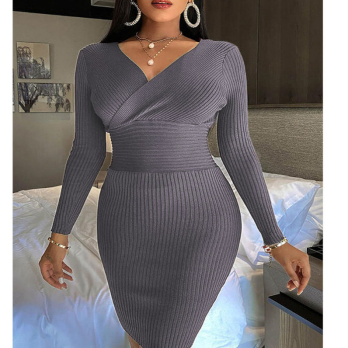 Bodycon Dress Winter Package Hip Ribbed Dress Knitted Robe Black Sexy Mini Women 2021 V-neck Autumn Dresses Sheath Lady