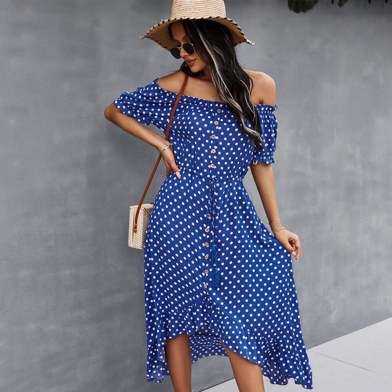 Women Summer Short-sleeve Polka-dot Print Dress Sexy Off The Shoulder Beach Dress Backless Dresses 2021 Ladies Clothing y2k Blue