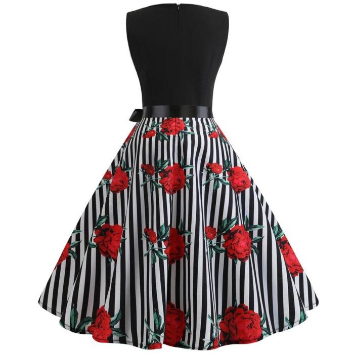 Women 1950s Sleeveless Dresses Retro Polka Dot Floral Music Print A-line Swing Dress