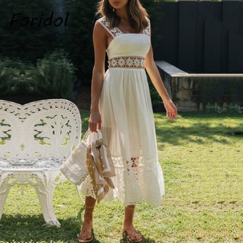 Spring Summer Women Beach Dress Elegant Backless Maxi Dress Hollow Out White Midi Dress Long Vestidos De Mujer