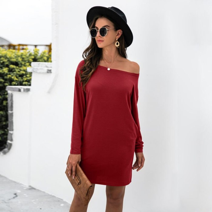 Off One Shoulder Long Sleeve Dress Women Fall 2021 New Casual T-Shirt Dresses Vestidos Mujer Solid Color Womans Clothing