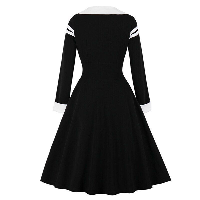 Autumn Long Sleeve Black Dress Elegant Women Button Front Contrast Notched Neck Stripe Midi Swing Vintage Dresses