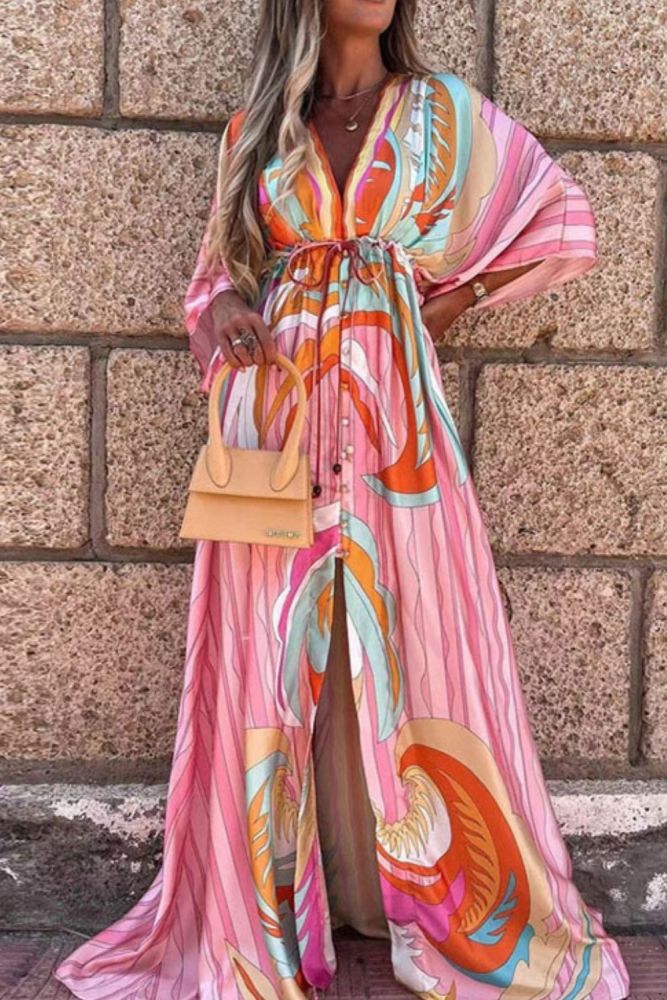 Women Elegant Button Elastic Waist Long Party Dress Deep V Neck Printing Hem Maxi Dress Spring Summer Loose Slit Dress Vestidos