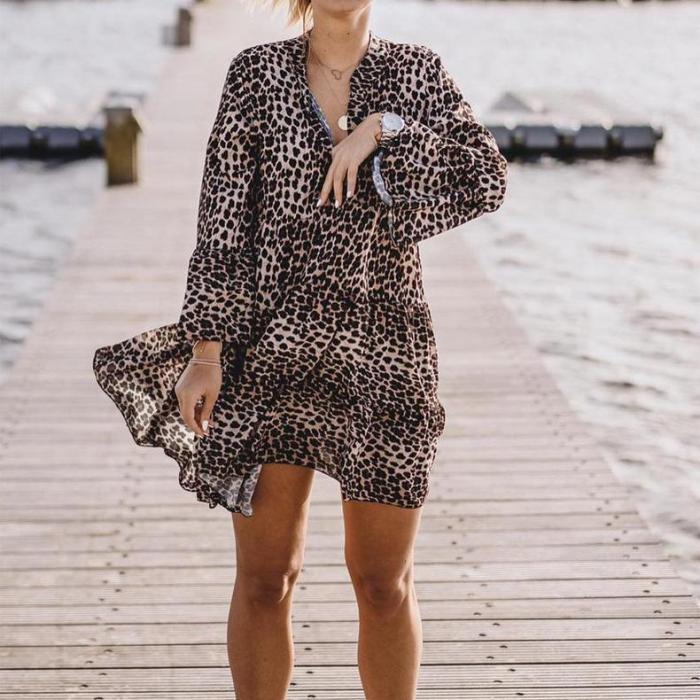 Vintage Leopard Printed V-Neck Long Sleeve Loose Mini Dress