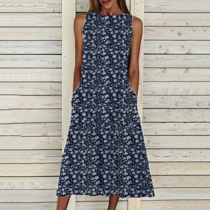 Vintage Floral Printed A-Line Big Swing Pocket Maxi Dress Summer Short Sleeve Party Dress Casual Dresses