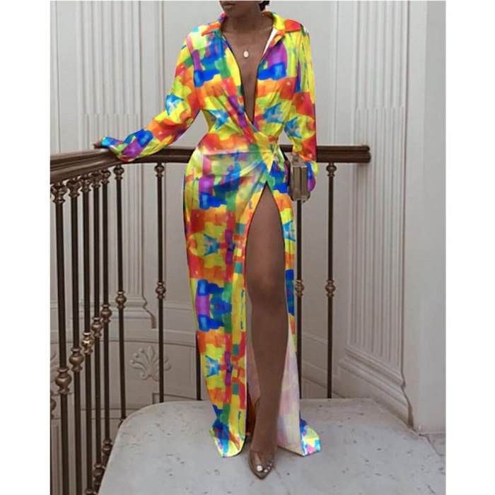 2021 New Sexy Deep V-Neck High Slit Shirt Fashion Patchwork Printed Party Harajuku Dresses Women Autumn Chic Maxi Dress