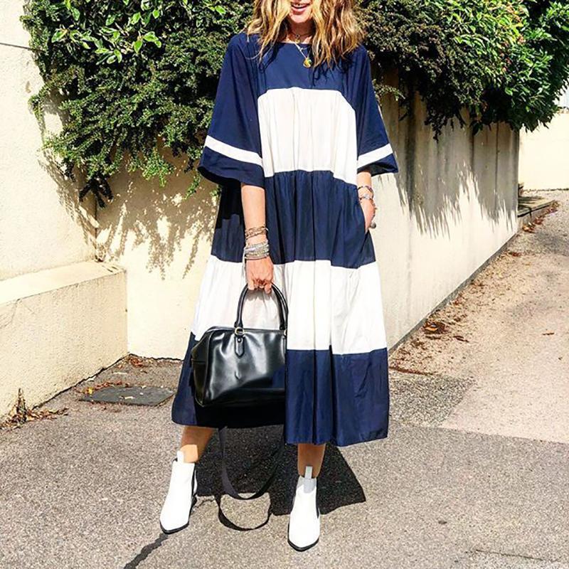 Casual Short Sleeve Patchwork Round Neck Vacation Maxi Dress