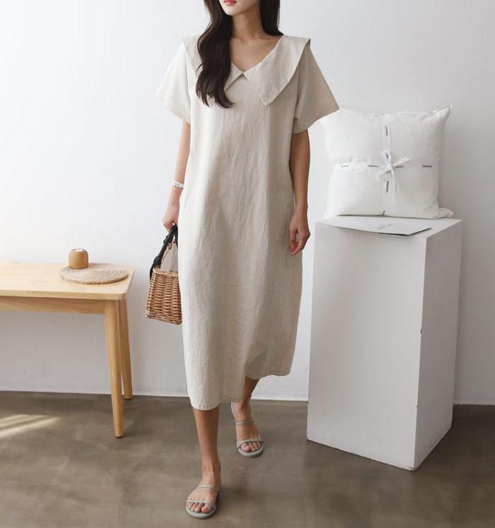 2021 Summer New Korean Simple Pure Color Dress Loose Thin Casual All-match Temperament Women Short-sleeved Dresses Robe