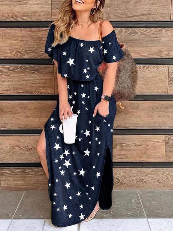 Stylish Star Print Short Sleeve Split Maxi Dress