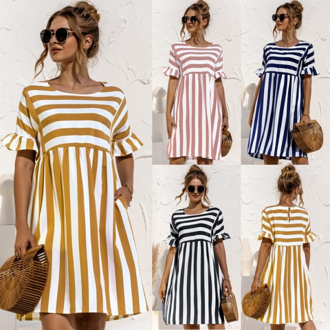 2021 Summer New Fashion O Neck Women's Dress Casual Loose Solid Short Sleeve Ruffle Patchwork Pocket Ladies Stripe Dress