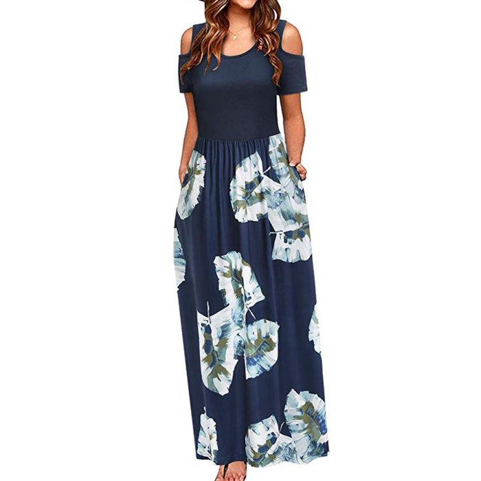 Women' Cold Shoulder Pocket Floral Print Elegant Maxi Short Sleeve Casual Dress