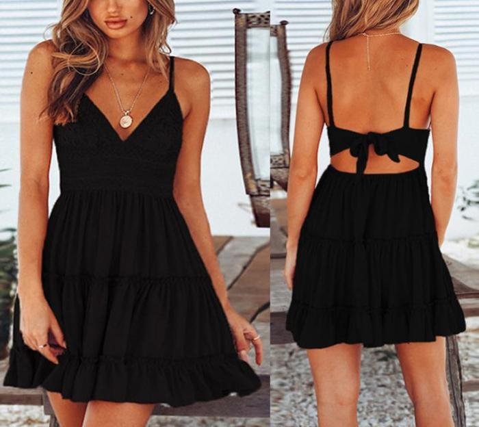 Casual Sexy Off The Shoulder With Backless Lace Splicing Mini Dresses