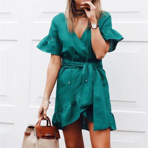 Commuting V Neck Ruffled Belted Pleated Dress