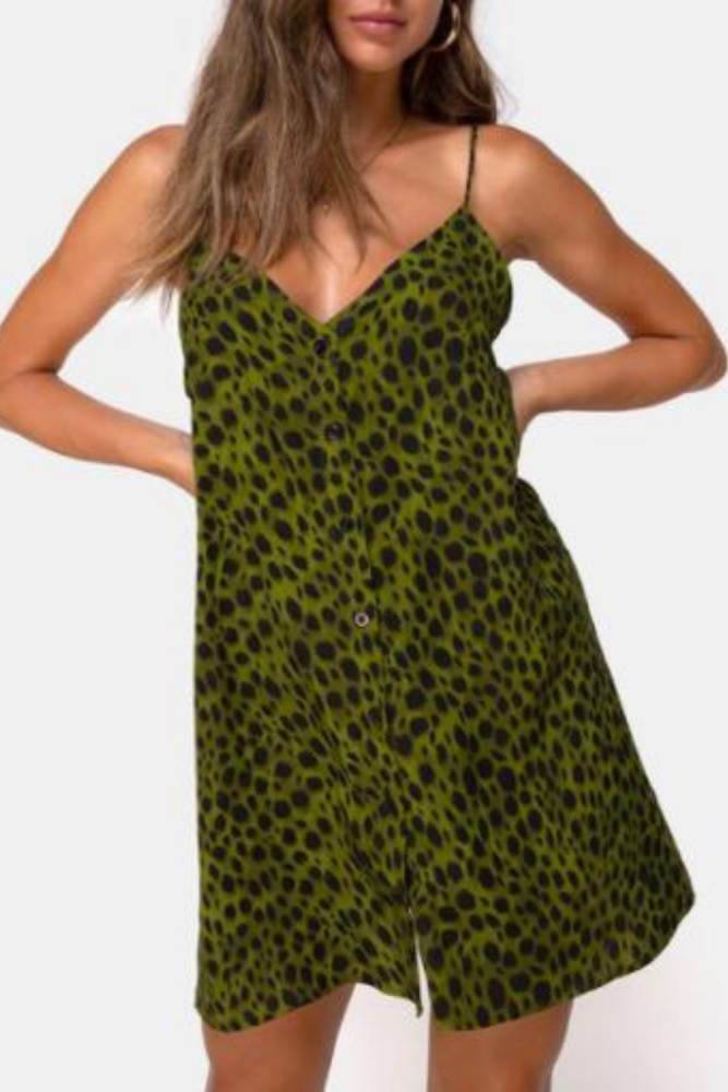 Women Green Leopard Skirts Summer Lady Fashion V-neck Loose Open Splice Button Skirts Beach Wear