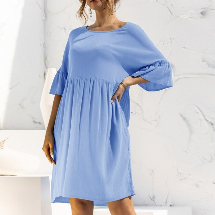 Summer O-Neck Flare Sleeve Loose Dress Women Solid Color Casual High Waist Pockets Elegant Sweet Party Dress