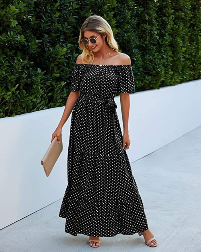 2021 Summer Elegant Beach Women Dress Long Print Flowers Polka-dot Strap Ladies Halter Boho Dress Vintage Party Ladies Dress