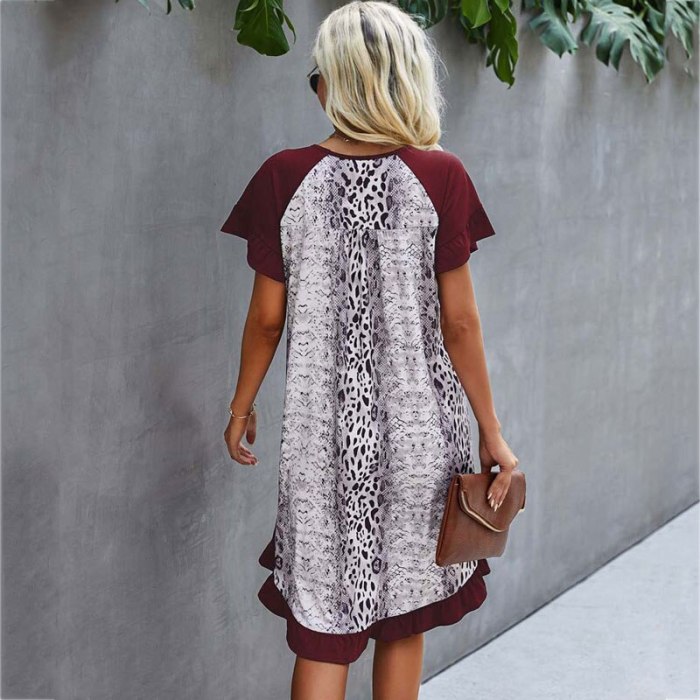 Summer Ruffle Snake Print Dress Women Loose Leopard Dress O-neck