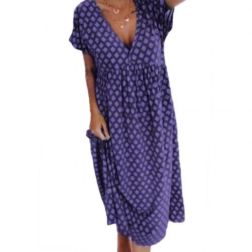 Summer Women Long Dress Boho Short Sleeve Deep V Neck Geometric Print Large Hem Loose Midi Dress