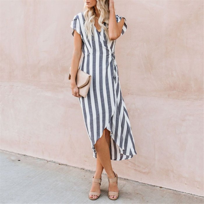 Fashion V Collar Strip Printed Lace-Up Maxi Dress