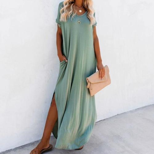 Casual V-neck Short Sleeve Side Split Summer Dress Green Cotton Tunic Women Plus Size Beachwear Maxi Dress