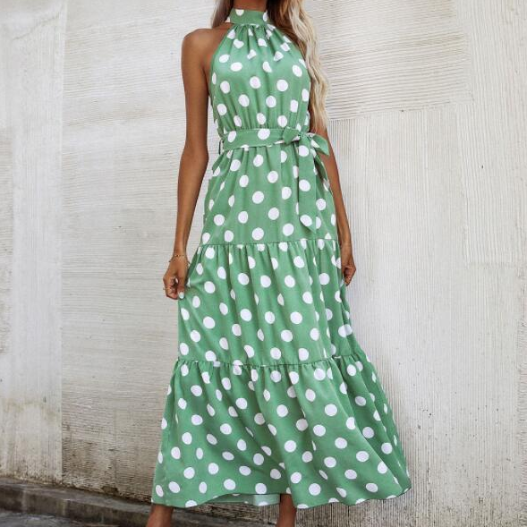 Summer Women's Dress 2021 Polka Dot Printing Sleeveless Long Dresses For Women Casual High Neck Waist Slim Fit Female Vestidos
