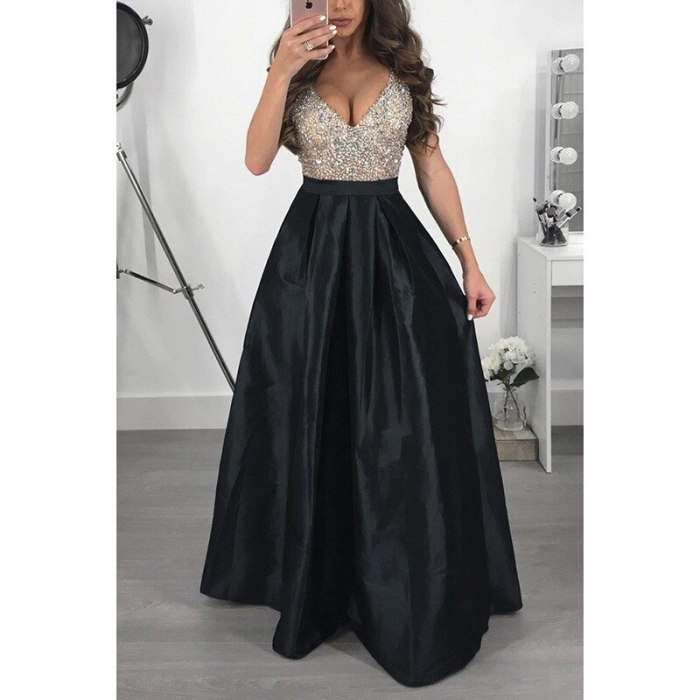 Elegant Sequin Formal Evening Party Dress Women A Line Long Occasion Dresses V Neck Sleeveless Lady Prom Gowns