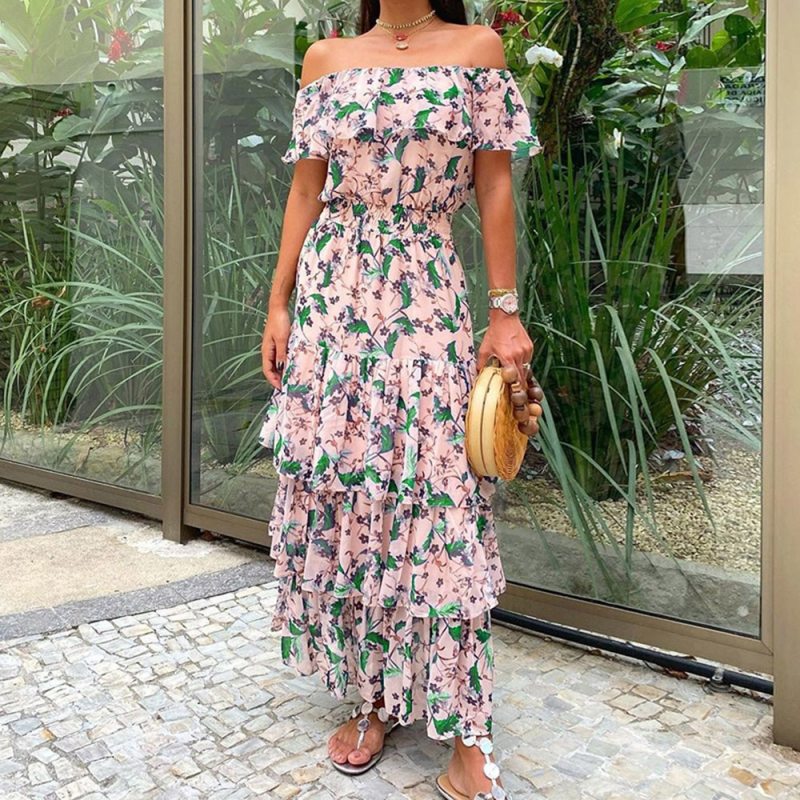 Women Summer Off Shoulder Bohemian Layered Dresses Female Block Color Floral Printed Casual Sweet Dresses Holiday Party Fashion