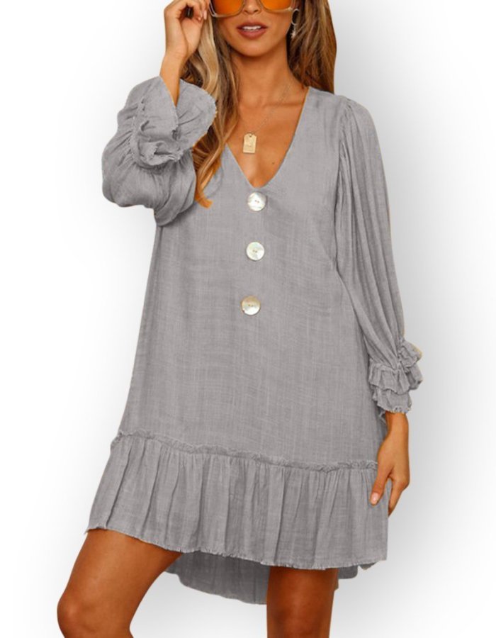 Sexy V-Neck Button Up Front Ruffle Mini Dress