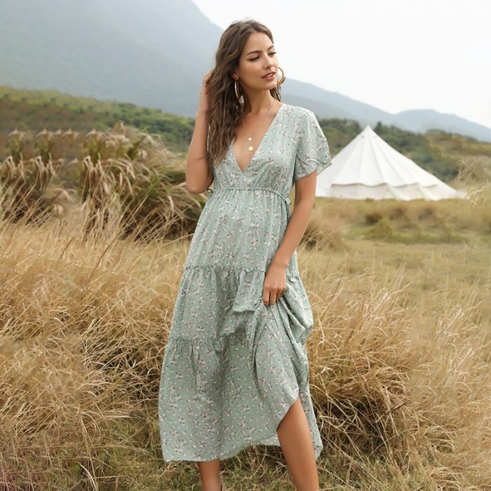 2021 New Spring Women's Bohemian Ruffled Floral Printed Dress Sexy Boho Style Deep V-neck Long Summer Dress