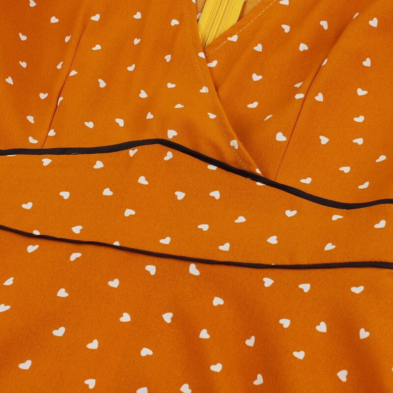 Tonval Orange High Waist Little Heart Print Summer Dress Women Clothes V Neck Pocket Side Office Lady Dresses