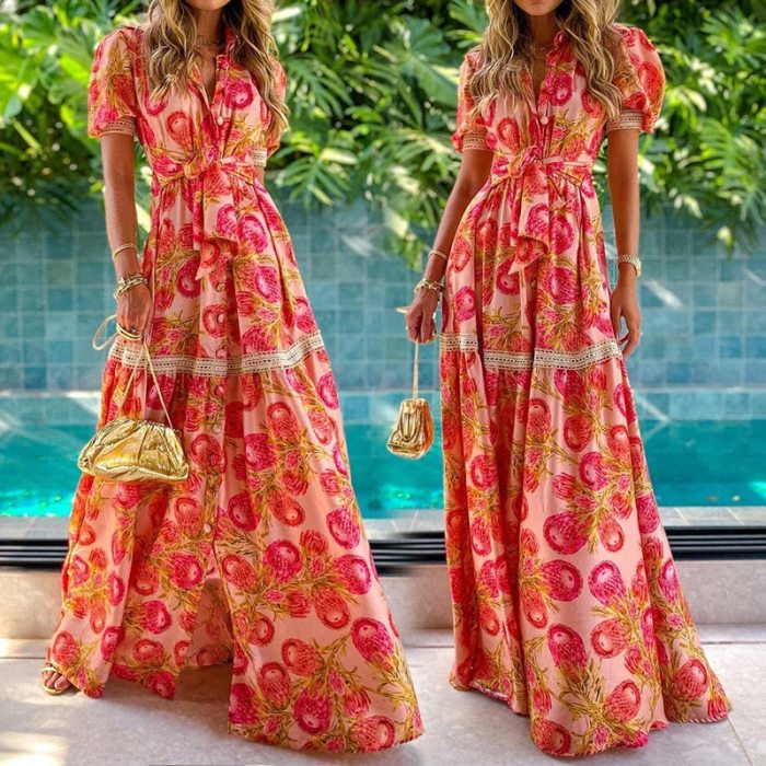 2021 Women Short Puff Sleeve Floral Print Slim Waist Long Maxi Dress Fashion Bohemian Dress Elegant Dress