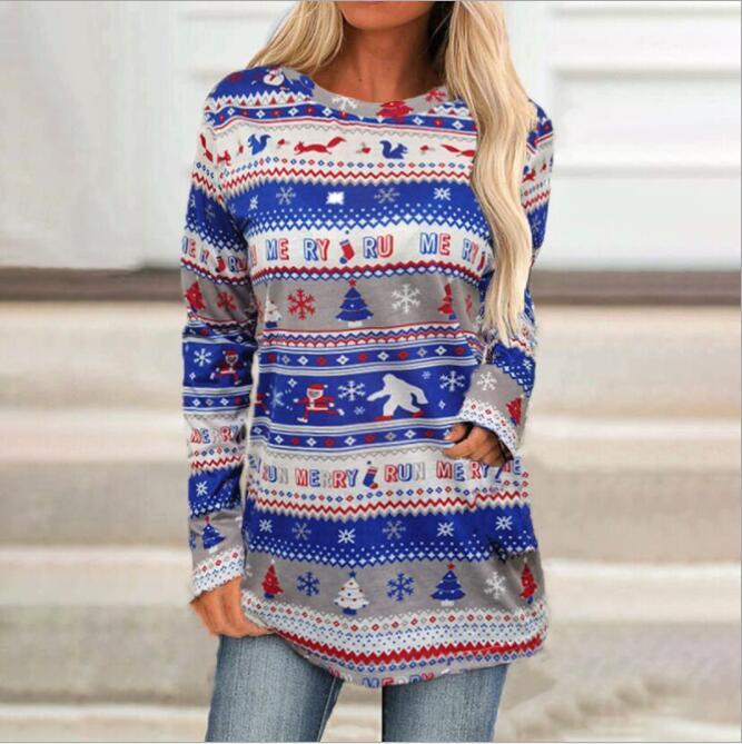 Women Fashion Christmas Reindeer Snowflake Print Long Sleeve Sweater