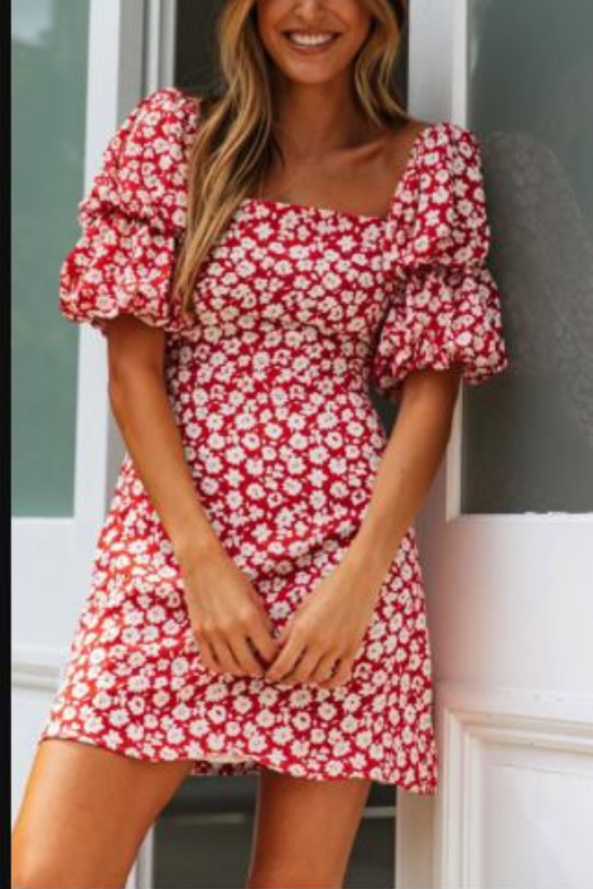 2021 Summer Women Wrap Boho Print Dress Ladies Holiday Beach Short Sleeve Square Neck Mini Dress
