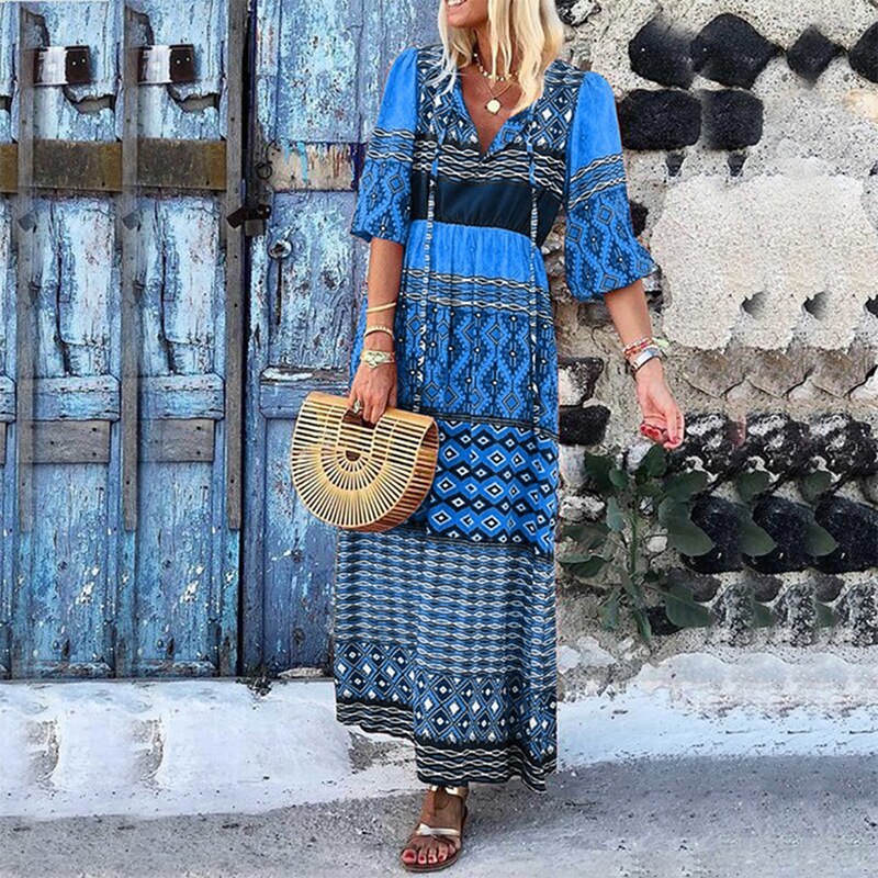 2020 Summer Sundress Geometric Print Bohemian Dress Women Vintage Casual Loose Maxi Vestidos Ladies Long Dresses