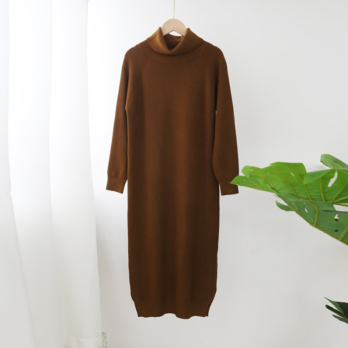 Solid Knitted Long Dress Turtleneck Long Sleeve Sweater Dress