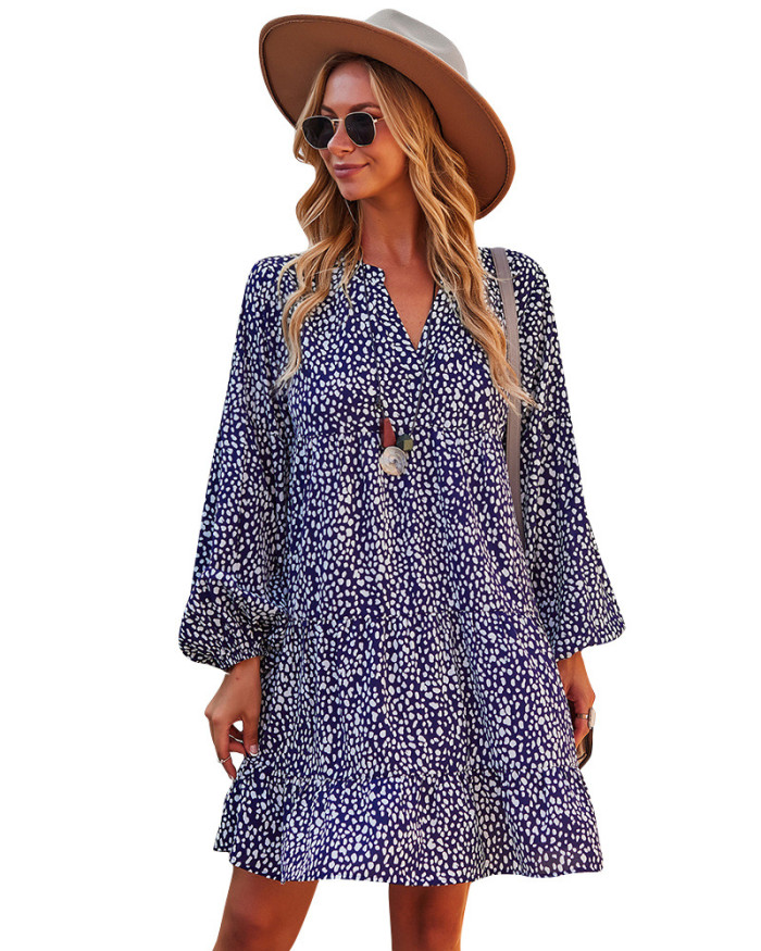 Women Autumn Leopard Print Boho Beach Dresses Casual Ruffle Long Sleeve A-line Mini Party Dress Spring femme