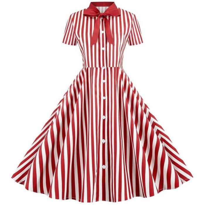 Striped Vintage Women Summer Dress 2020 Robe Femme 50s 60s Pin Up Party Rockabilly Dress Knee-Length Bow Swing Office Clothing