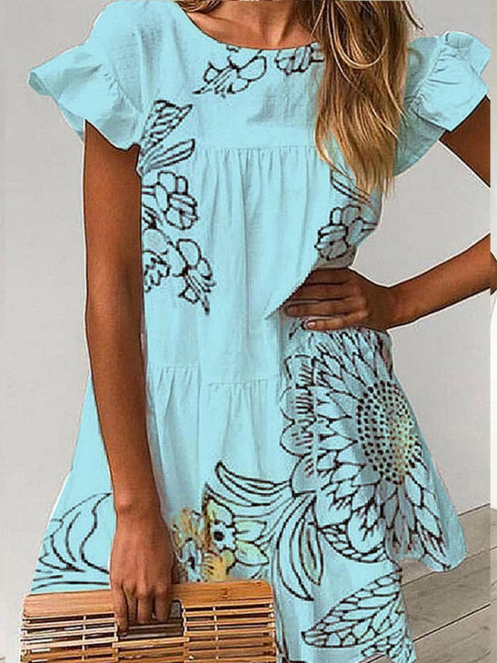 2021 Vacation Floral Printed Dress Summer Elegant Short Women Dresses Butterfly Sleeve Casual Ruffled Neck A-line Dresses Female