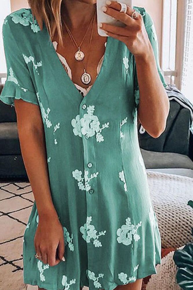 Summer V-neck Loose Print Dress Elegant Commuting Mid-length Short-sleeved Dress Casual Vacation Dating Beautiful Woman's Dress