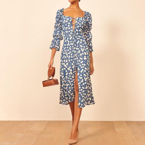 Fashion printed long sleeve dress with lotus root