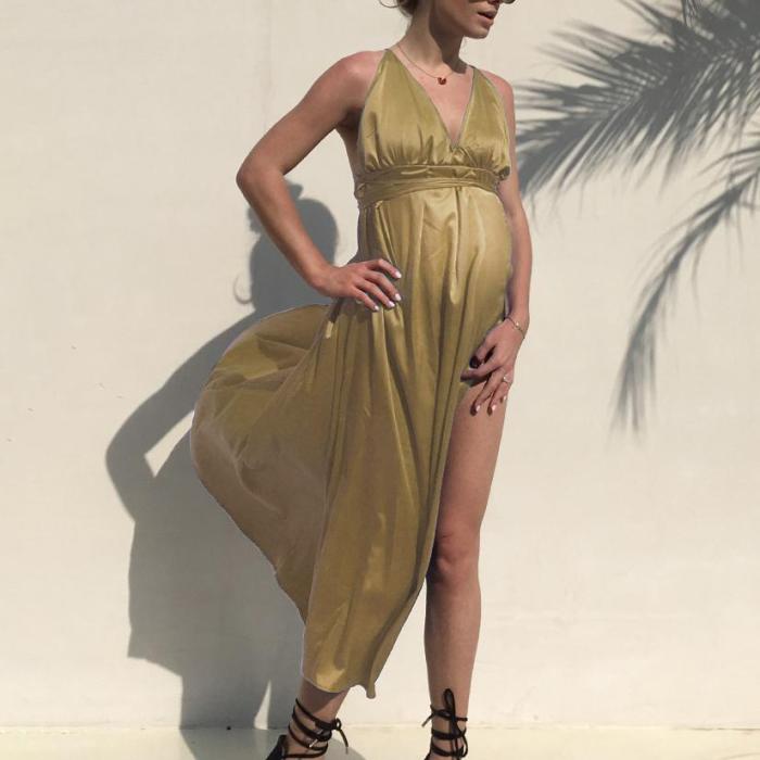Maternity Pure Color V-Neck Halter Backless Split Dress