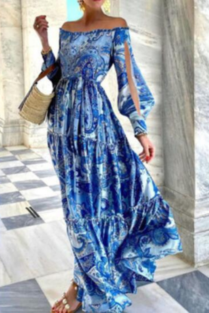 Ladies' Bohemian Style Floral Print High Waist Slash Neck A-Line Long Dresses платье