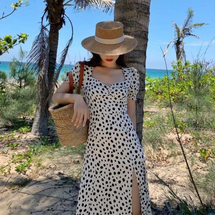 Dots Print Puff Short Sleeve Women Dress High Split Party Long Dresses Elegant Up Sweet Summer Club Sexy Dress