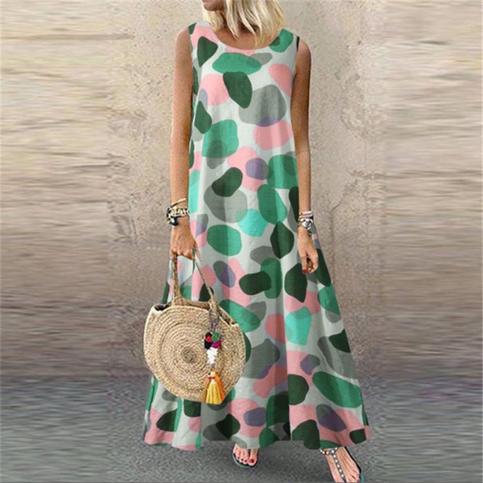 Women Dresses Bohemian Beach Dress Big Size 5XL Summer Sleeveless Vintage Floral Printed Long Dress