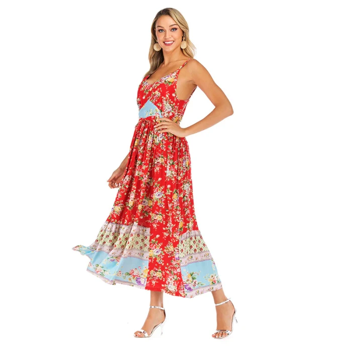 Women Boho Long Dress Sling Dress Floral Printing Beach Maxi Dress Lace Up Big Pleated Dress Female Vestidos