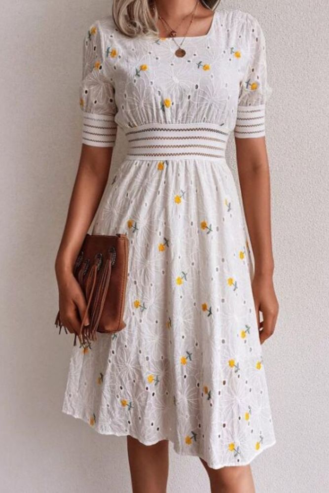 New summer dress vintage hollow embroidered sweet dress waist slimming square neck short sleeve dress female 2021 vestidos